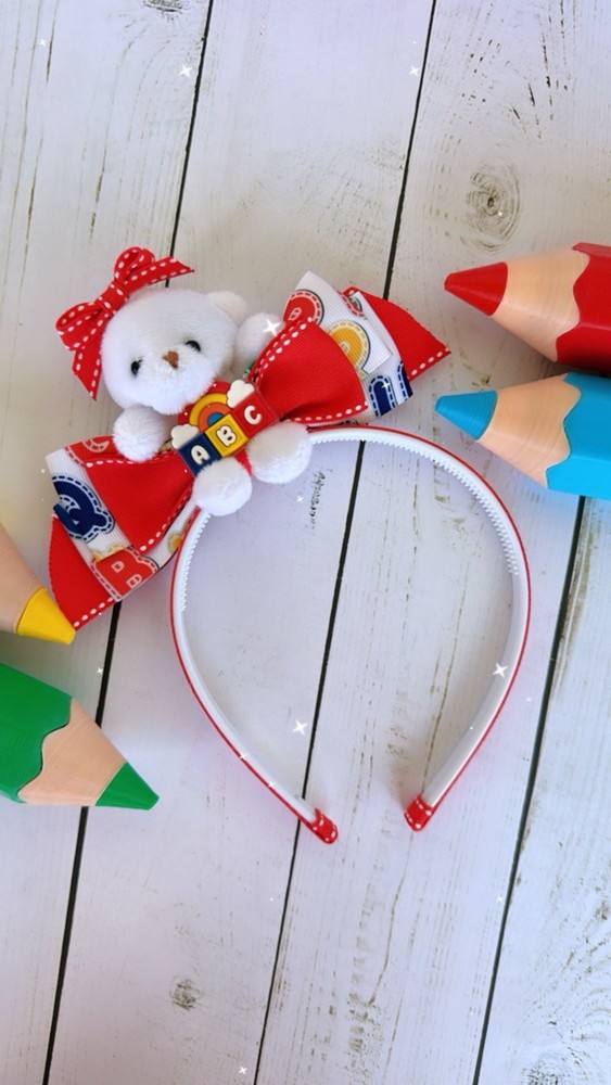 headband back to school, teddy bear red/white ribbon
