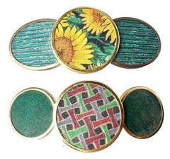 Green Sunflower Basketweave Fabric Covered Button Hair Clips 3.5” Vintage