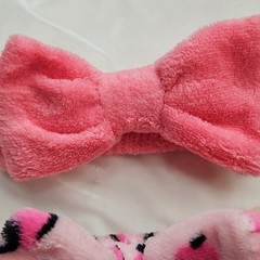 Set of 2 Spa Headbands Soft Terry Fabric Pink Solid & Animal Print Bow Stretch