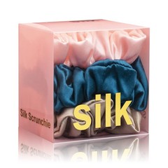Silk Scrunchies 100% Mulberry Grade 6A 3 Pack (Pink, Peacock Blue, Apricot)