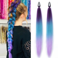 2Pcs Purple Long Straight Synthetic Ponytail Extension Rubber Band Women Hair