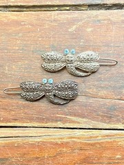 Dragonfly Vintage Hair Clip Blue Rhinestone Marcasite Barrette Silver PAIR Y2K