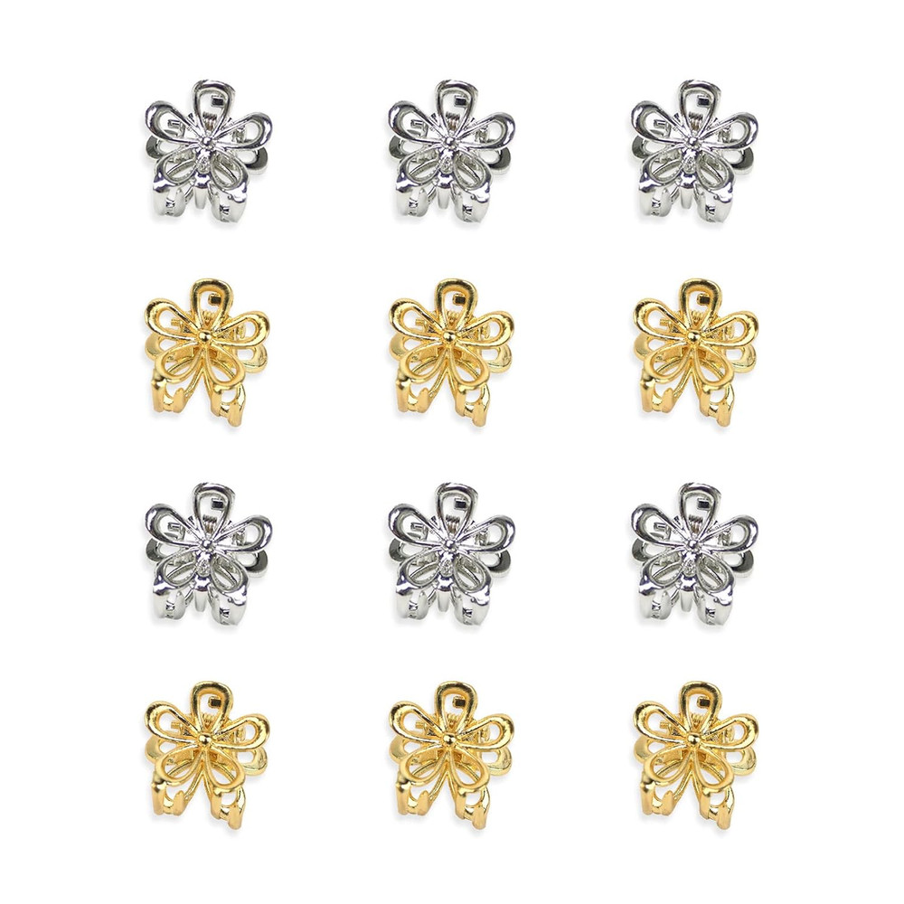 12PCS Hair Clips for Women & Girls – Cute Mini Flower Barrettes in Gold & Silver