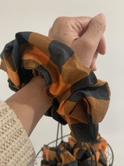 Extra Large Orange Black Plaid Scrunchie – Handmade Unique And One Of A Kind