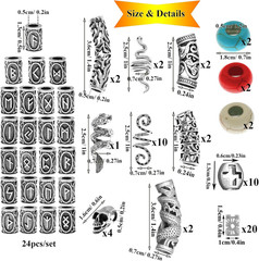 85Pcs Viking Norse Rune Beard Beads Ring Hair Braids Dreadlock Dreads Skull Snak