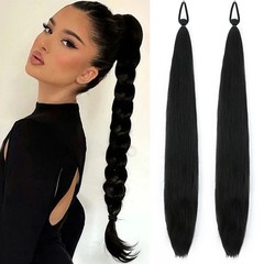 2Pcs Purple Long Straight Synthetic Ponytail Extension Rubber Band Women Hair