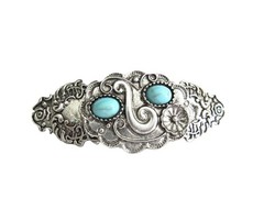Small blue stone silver tone metal flower western hair clip barrette thin hair