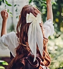 Ivory Cream Satin Stylish Bow with Big Ribbon Hair Clip All Hair Types Non Slip