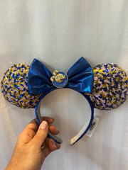 Disney Passholder Mickey Mouse Ears Headband Sequined Bow Fabric Blue Gold