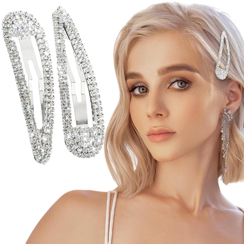 2Pcs Rhinestone Hair Clips Snap Metal Crystal Silver Barrettes Hairpins