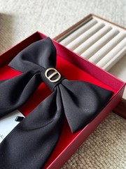 Christian Dior CD Logo Bow Hair Clip Black Silk Ribbon Barrette Boutique NEW