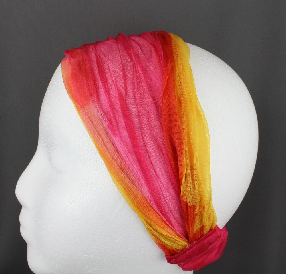 Pink orange Tie Dye chiffon fabric scrunched kerchief headband 3in1 bandana