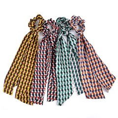 Nollia 4 Sets Geometric Print Scrunchies With Matching Hair Ties, Satiny Fabric