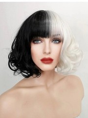 Cruella DeVille Wig Two Tone Synthetic Costume Hair Piece Black White Bangs Curl