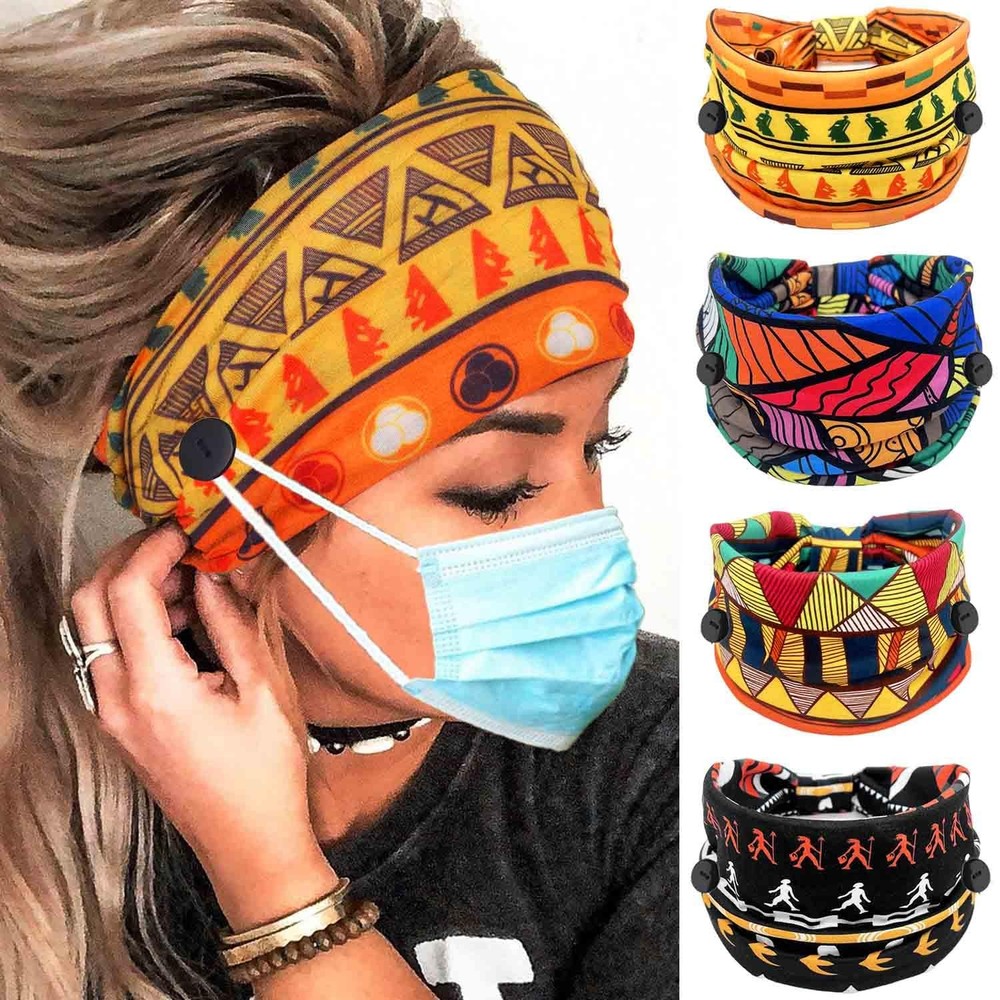 Wide Buttons Headband Nurse African Head Wraps Face Mask Headbands Elastic Kn…