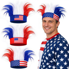 3 Pcs Patriotic Hairy Headband for Adults, 4Th of July Hair Accessories USA Wig
