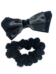 Made in France Satin & Velvet Black Barrette Bow & Velvet Scrunchie Hair Tie