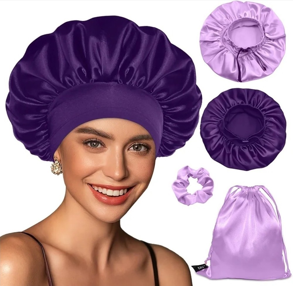 2 Pcs Silk Bonnet for Sleeping, Satin Bonnet Adjustable Hair Bonnet-Purple/Lilac