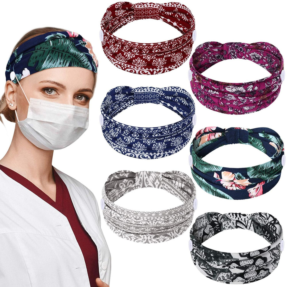 6 Pieces Headbands with Buttons for Mask Non Slip Boho Nursing Headbands Wide Nu