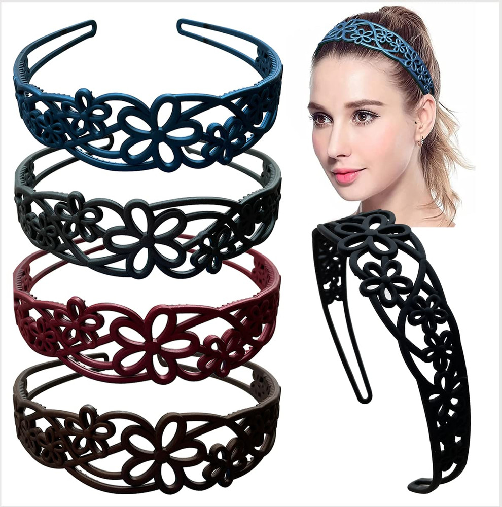 5Pcs Wide Flower Headbands for Girls Women Plastic Hairbands with Teeth Hard Hai