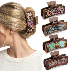 Mtiyoose 4 Pack 4.1″ Western Leather Hair Clips 1 Count (Pack of 4), Brown