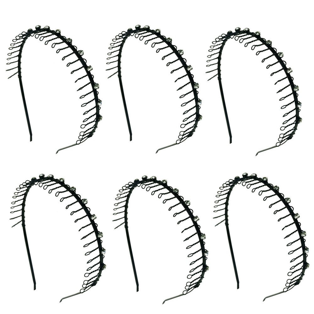 6 pcs Hairband Comb Black Headband Teeth Metal Wire with 13 Crystal Rhinestones
