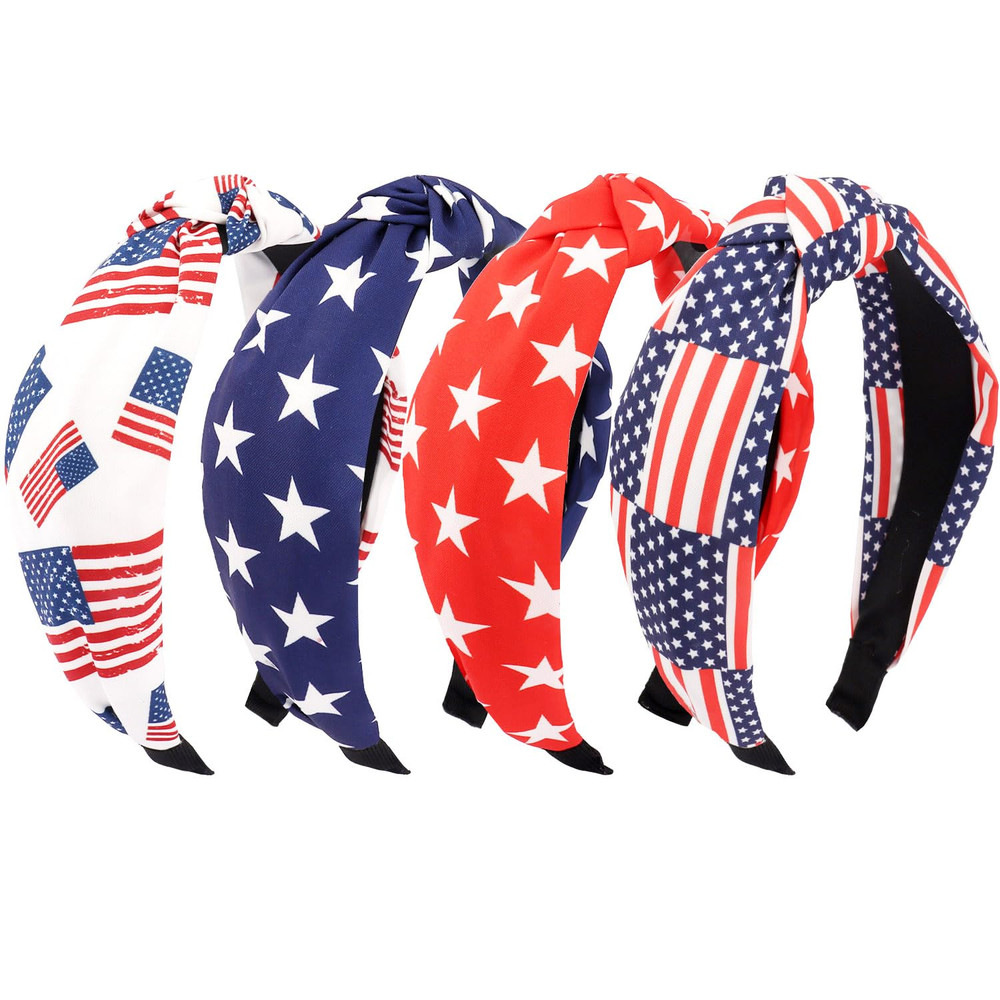 4Th of July Headband for Women – 4PCS American Flag Independence Day Knotted Hea