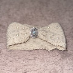 Beige Knit Bow Headband with Beaded Accents, Solid Pattern, All Hair Types