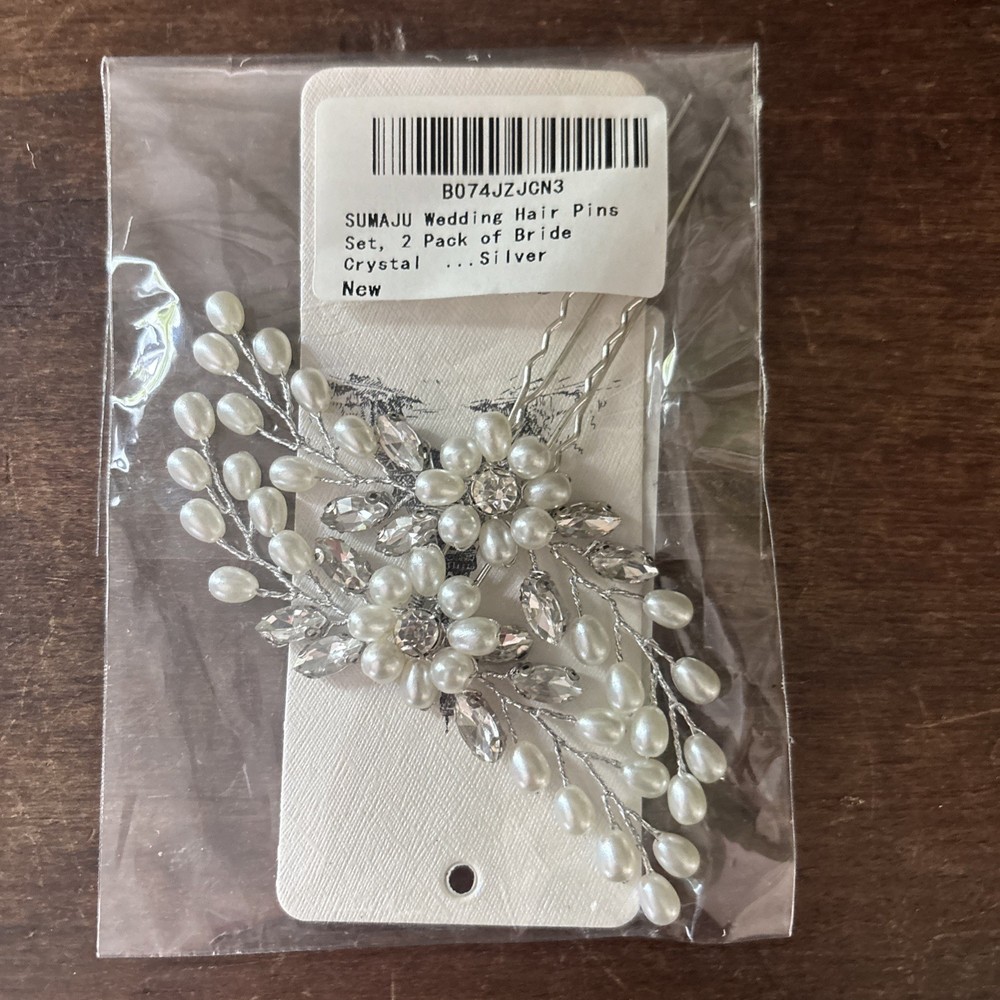 2 Pack Silver Faux Pearl & Crystal Rhinestone Bride Wedding Hair Pins Bridal