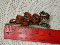 Vintage Style Peacock Bird Barrette Clip Rhinestone Gold-toned Reddish Orange
