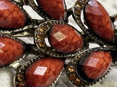 Vintage Style Peacock Bird Barrette Clip Rhinestone Gold-toned Reddish Orange