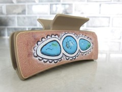 Long lite tan faux leather effect turquoise blue native tribal hair claw clip
