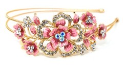 USA Pink Crystal Rhinestones gold plated metal big Flowers Headband woman girl