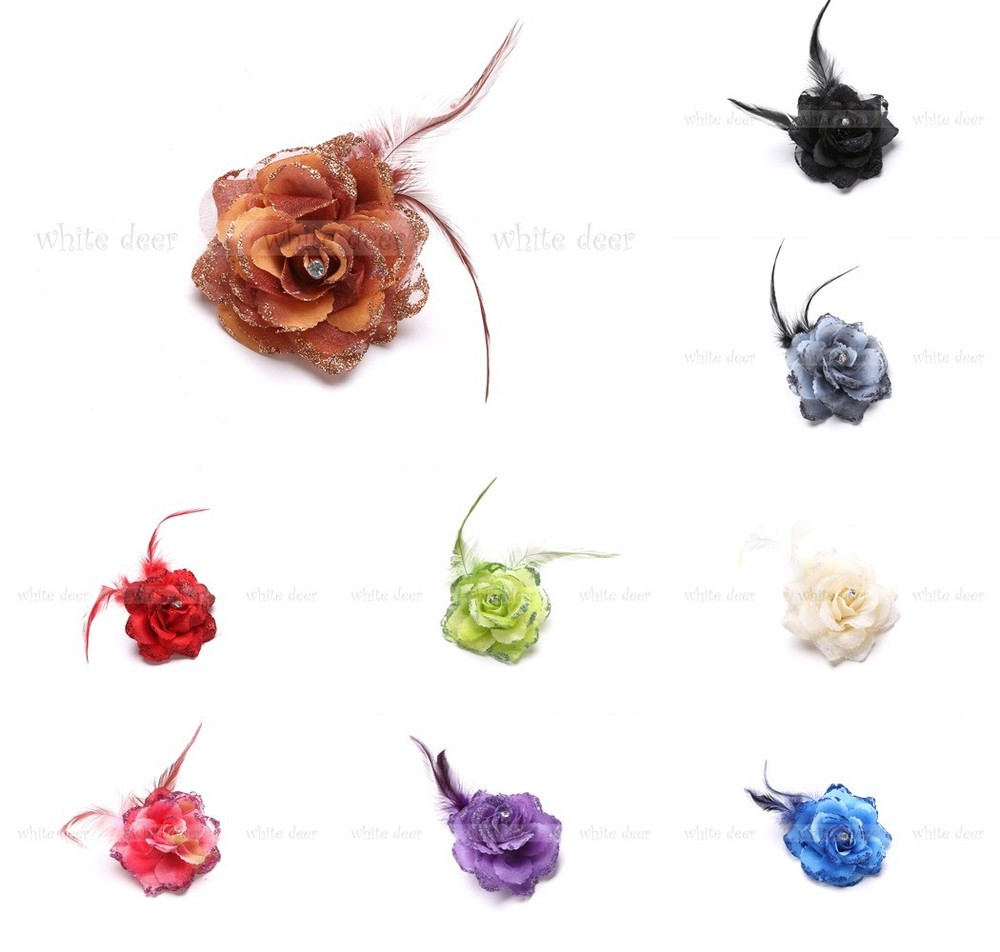 Lady Feather Rose Flower Brooch Pin Clip Glitter Hair Headdress Rhinestone