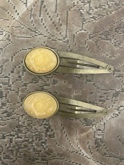 (2) Victorian Yellow Fiore Oval Vintage Bronze Snap-in Hair Clips