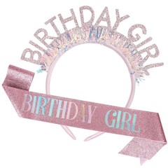 Girl Headband & Sash Set, Pink Glitter Happy Sash Rhinestone Crown Tiara with…