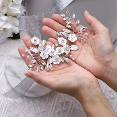 Flower Bride Wedding Hair Vine Bridal Piece Rhinestone Headband Silver