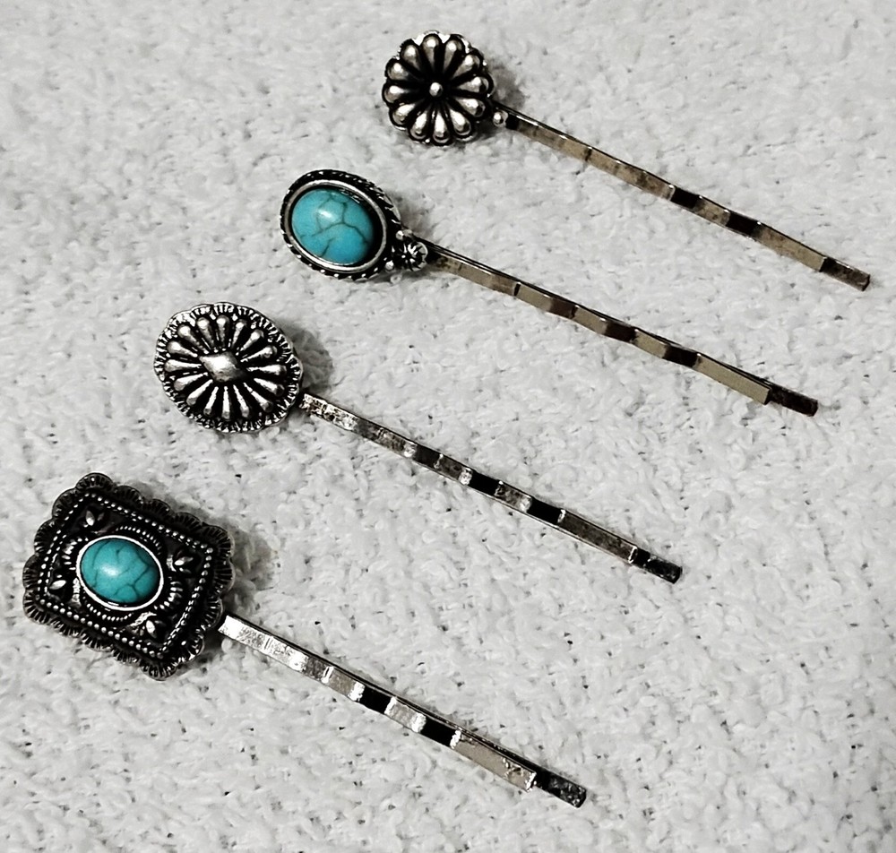 4 Pack Turquoise Tibetan Silver Western Style Hair Bobby Pins