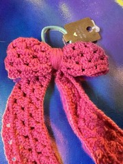 Handmade Pink Crochet Bow Hair Tie Elastic Ponytail Holder w/ Long Tails