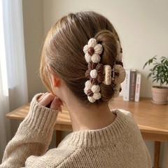 Brown Beige Crochet Flower Hair Claw Clip Floral Knit Hair Claw for Women