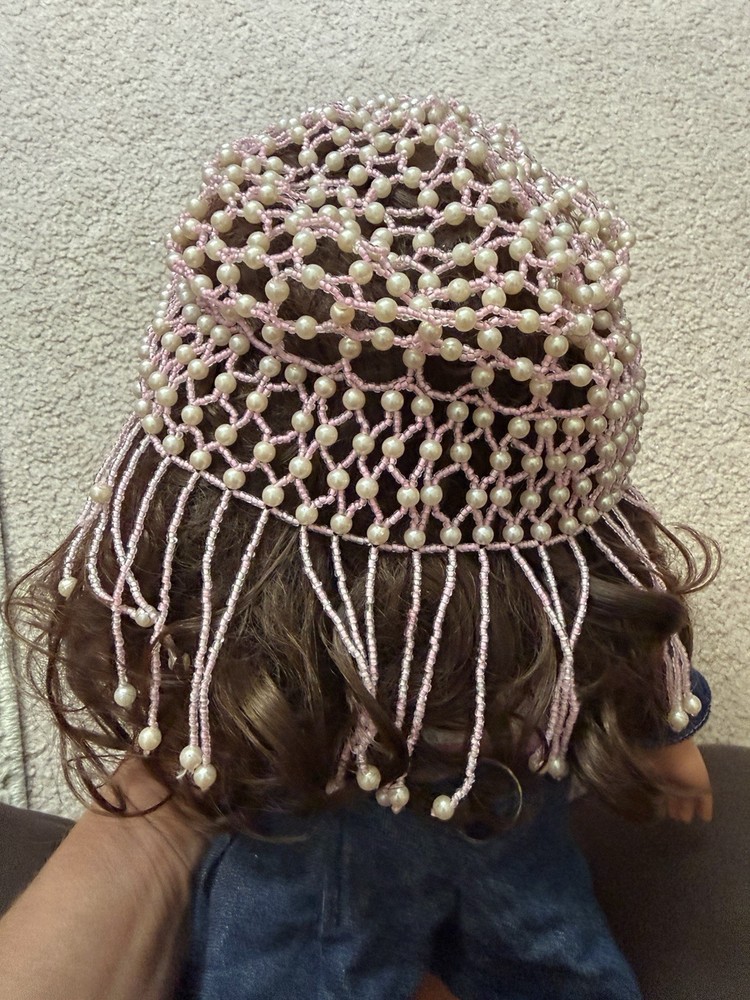 Vintage Pink Beaded Snood Hair Net Faux Pearl Fringe Retro Hair Accessory EUC