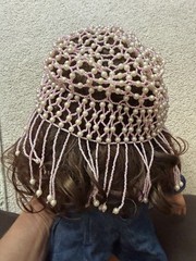 Vintage Pink Beaded Snood Hair Net Faux Pearl Fringe Retro Hair Accessory EUC