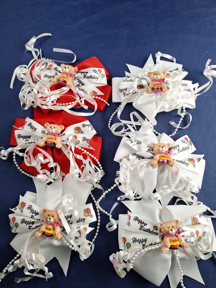 LOT OF 6 Vintage Hair Spring Back Bow Barrettes Happy Birthday Bears *16-C