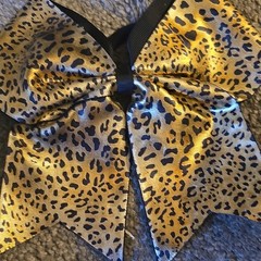 Gold & Black Leopard Print Satin Hair Bow on Black Elastic Hair Tie
