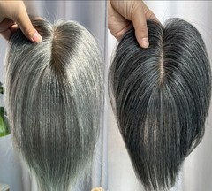 Silk Effect Grey Black Human hair Topper(50%/70%White Hair Mixed) Clip in 10″