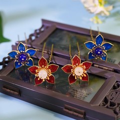 Hanfu Hairpin Blue Red Flower Set Traditional Chinese Hair Accessories 4pc