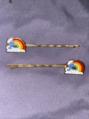 2 Vintage Smurfs Bobby Pins 80s Happy Smurf Gold Colored