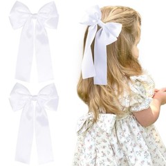 2 PCS Hair Bows Clips Silk Ribbon Accessories Toddlers Teens WhiteSilk
