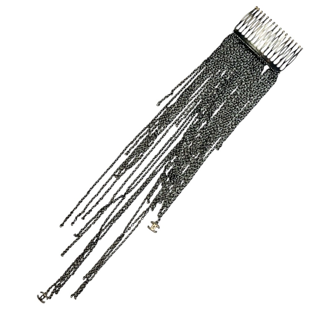 Chanel Chain Hair Comb Accessory Metal CC Coco Logo Dangle Fringe Designer Y2K