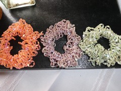 3 HAND  CRAFTED, HAIR SCRUNCHIES BEADED ART PONY HAIR DECOR PASTELS BOUTIQUE